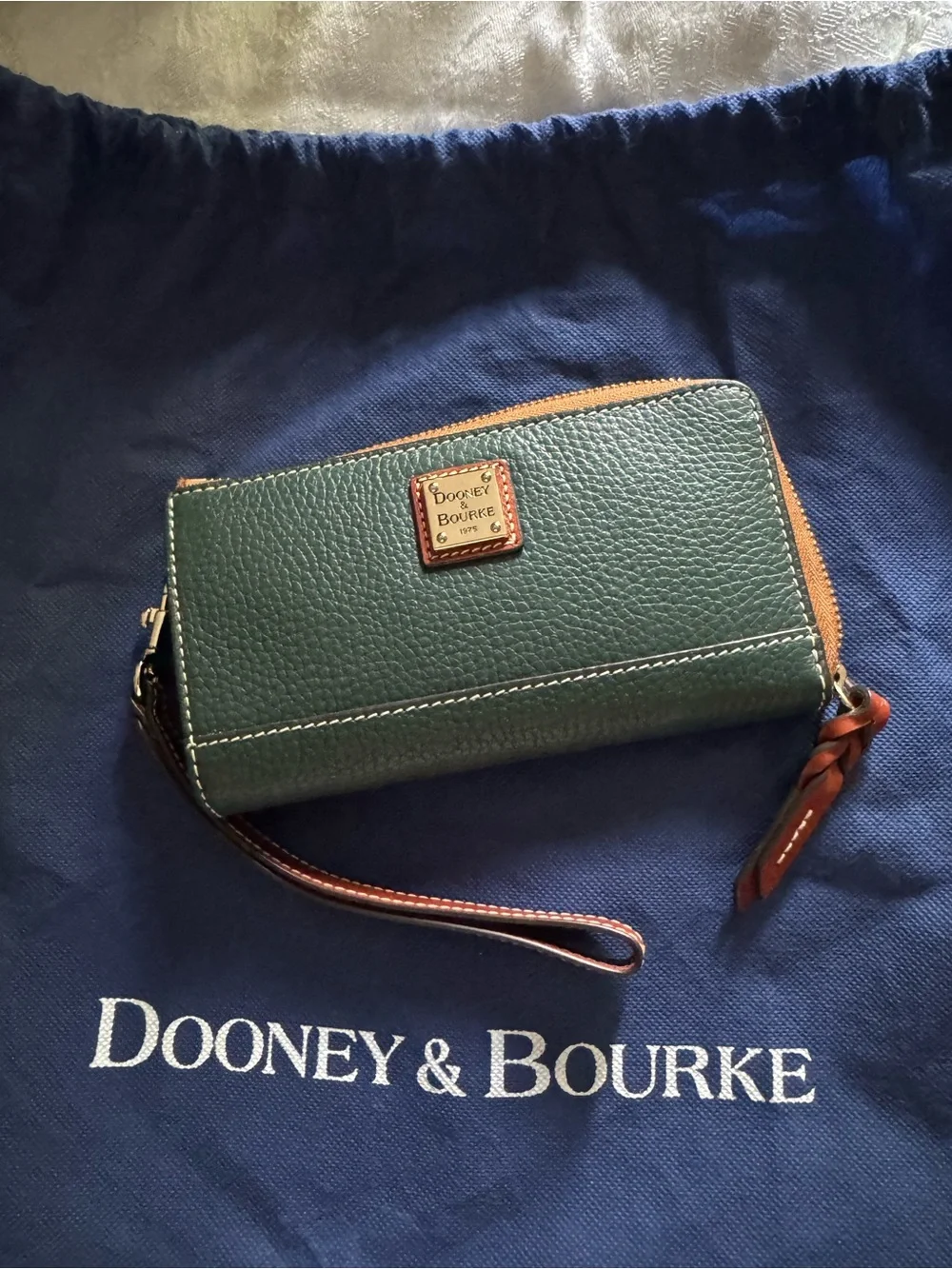 Dooney & Bourke Forest Green Pebbled Leather Wristlet with Tan Trim